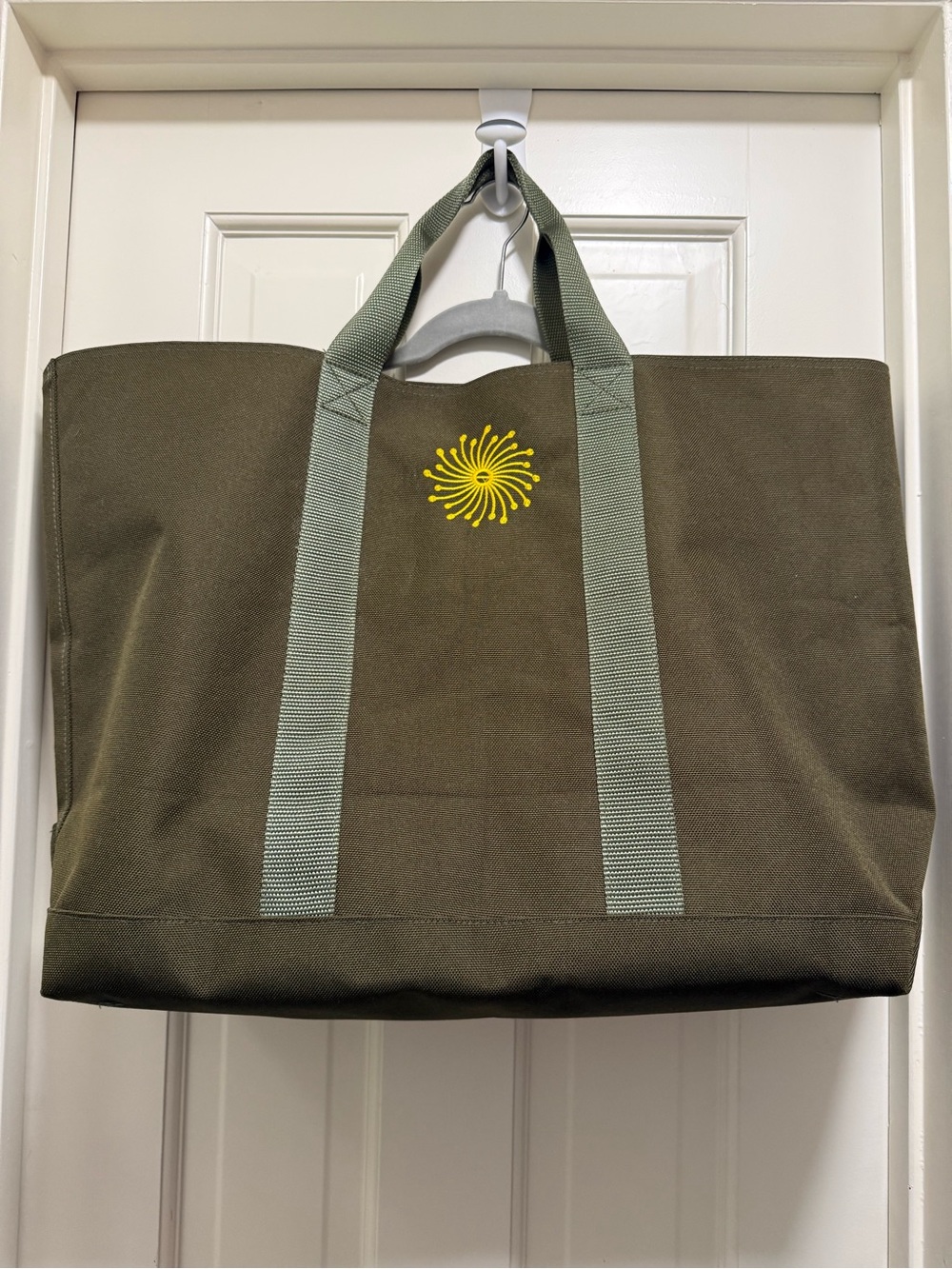 L.L. Bean Olive Green Canvas Tote with Custom Yellow Sunburst Accent